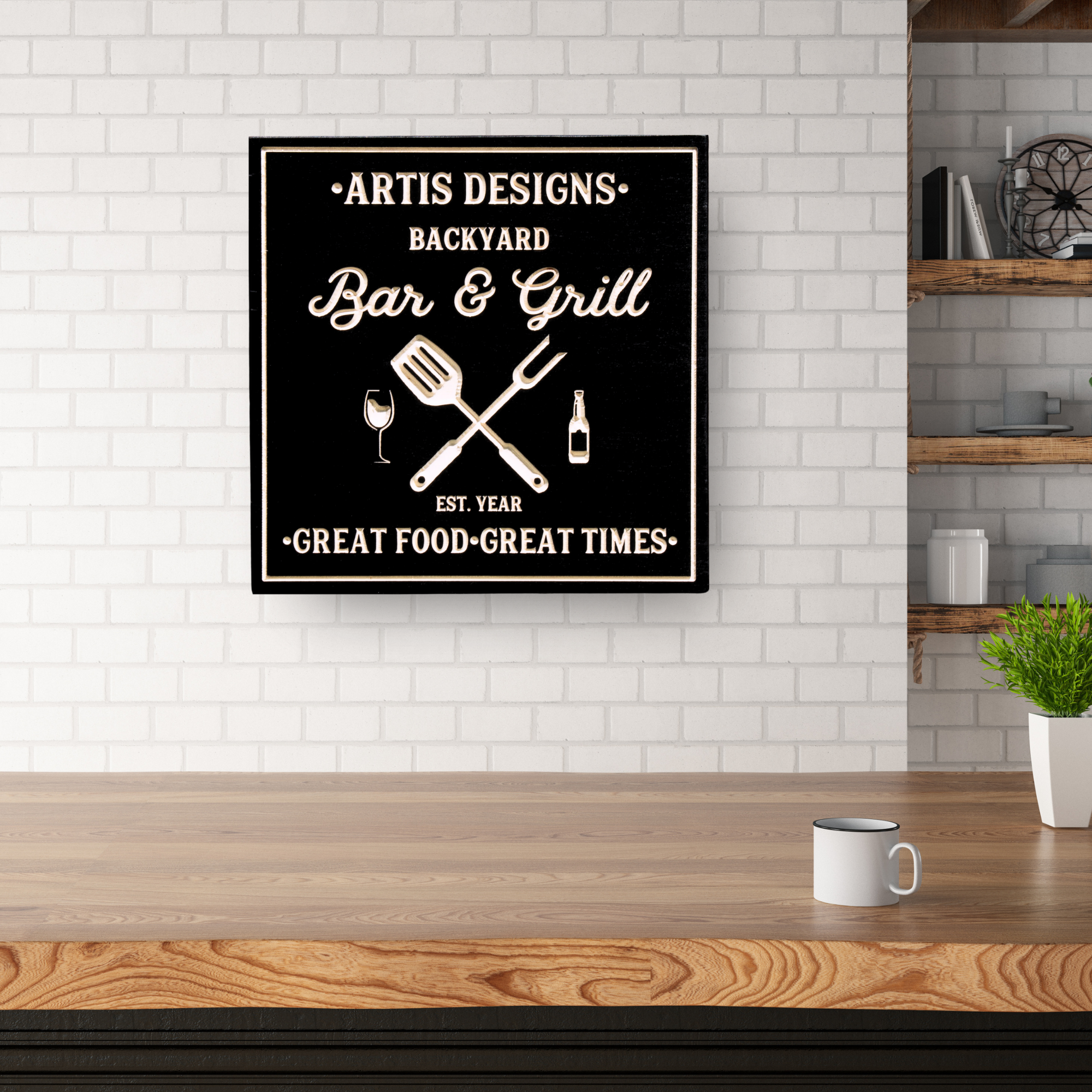 Bar & Grill with Utensils Sign, Grilling Sign, Customized carved wooden sign for home decor or gift.