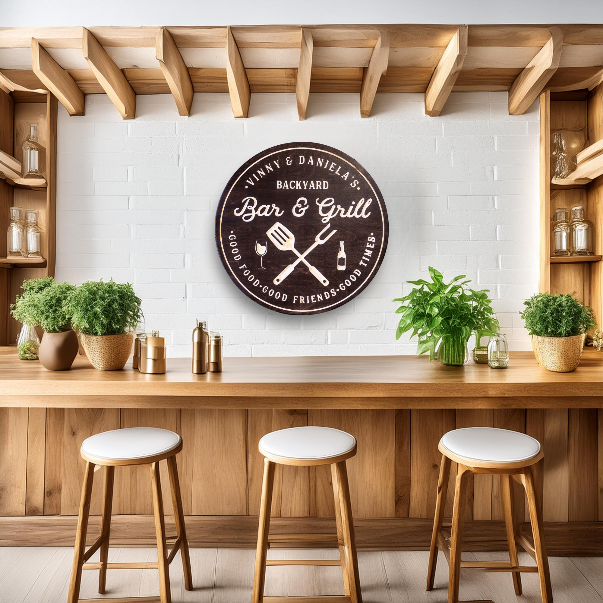 Bar & Grill with Utensils Sign, Grilling Sign, Customized carved wooden sign for home decor or gift.