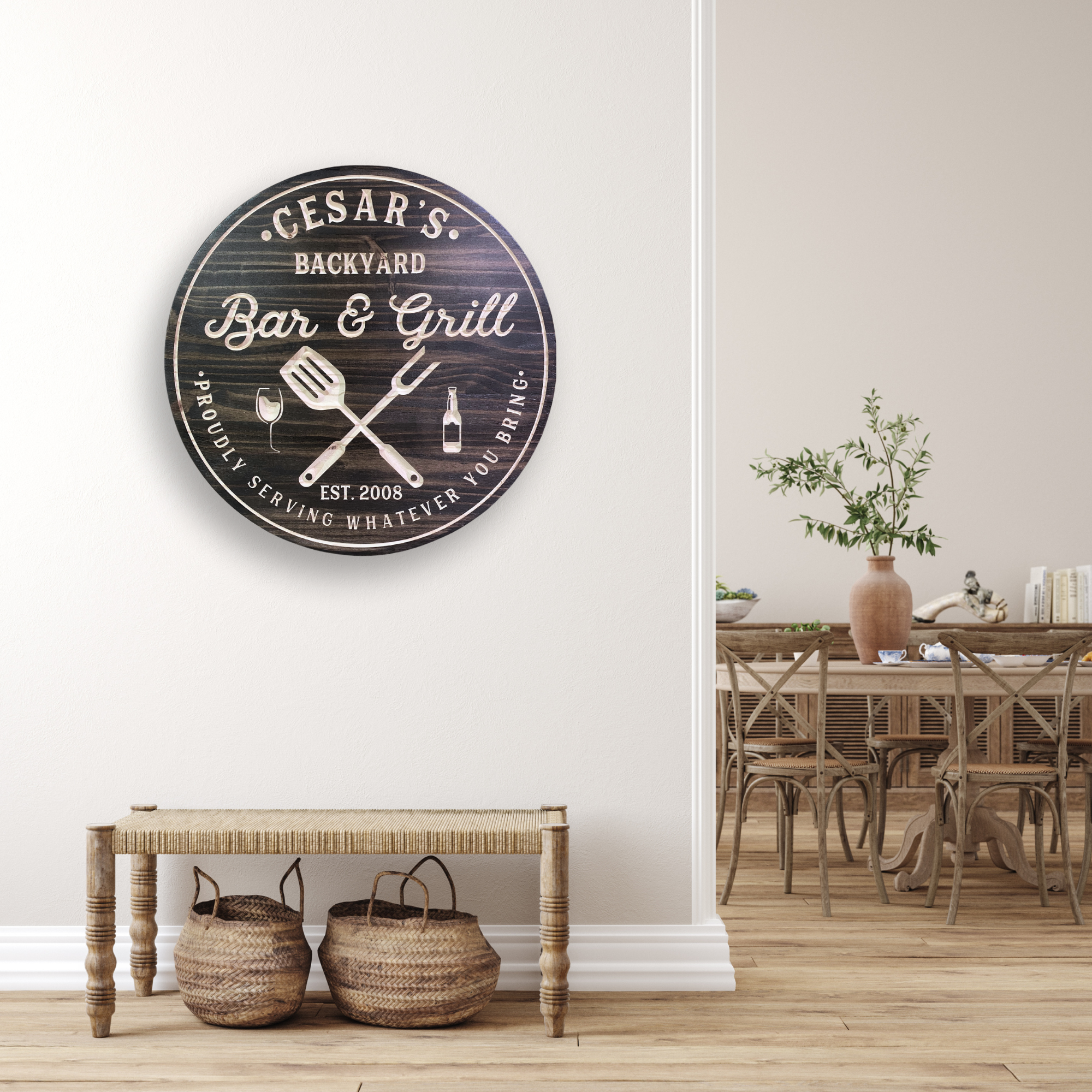 Bar & Grill with Utensils Sign, Grilling Sign, Customized carved wooden sign for home decor or gift.