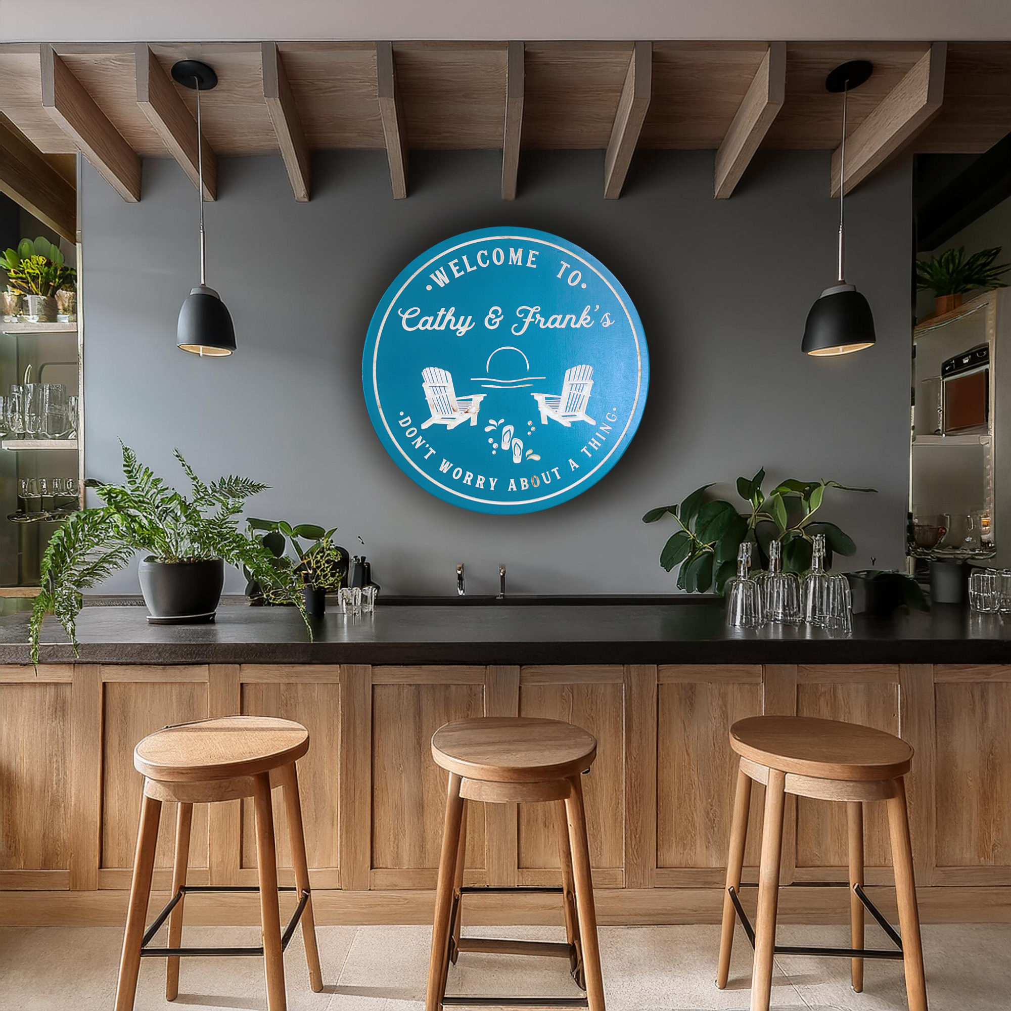 Beach Chairs with sunset and flipflops, Pool Sign, Customized carved wooden sign for home decor or gift.