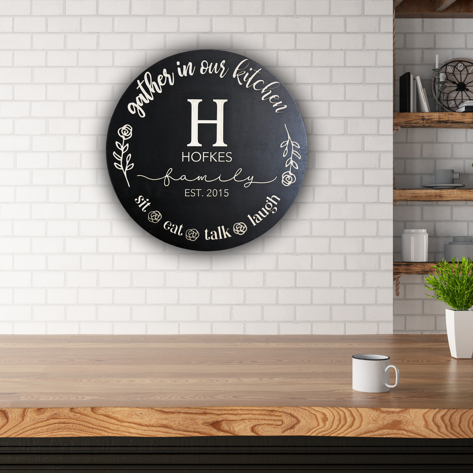 Family Name Sign - Gather in Our Kitchen Sign - Customized carved wooden sign for home decor or gift.