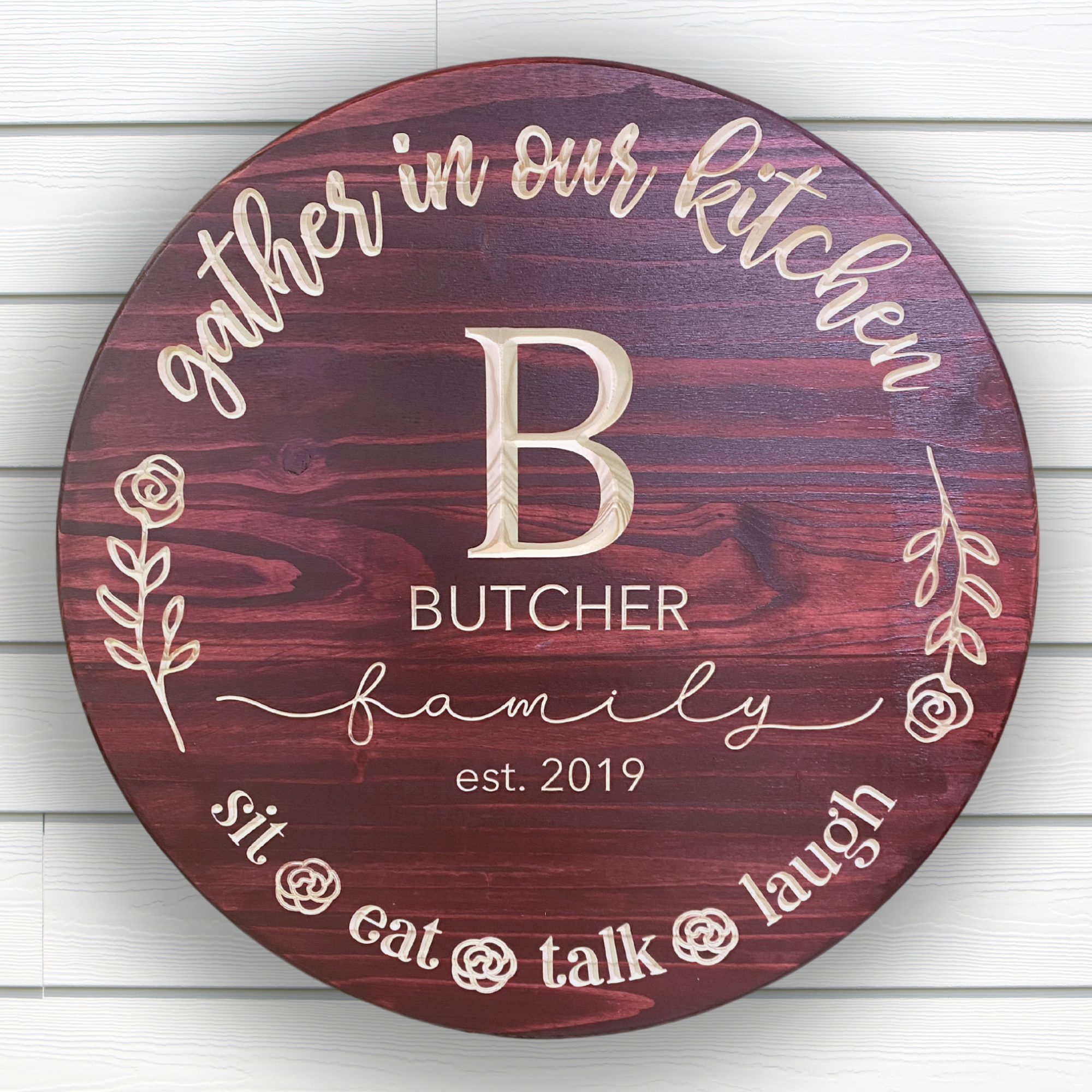 Family Name Sign - Gather in Our Kitchen Sign - Customized carved wooden sign for home decor or gift.