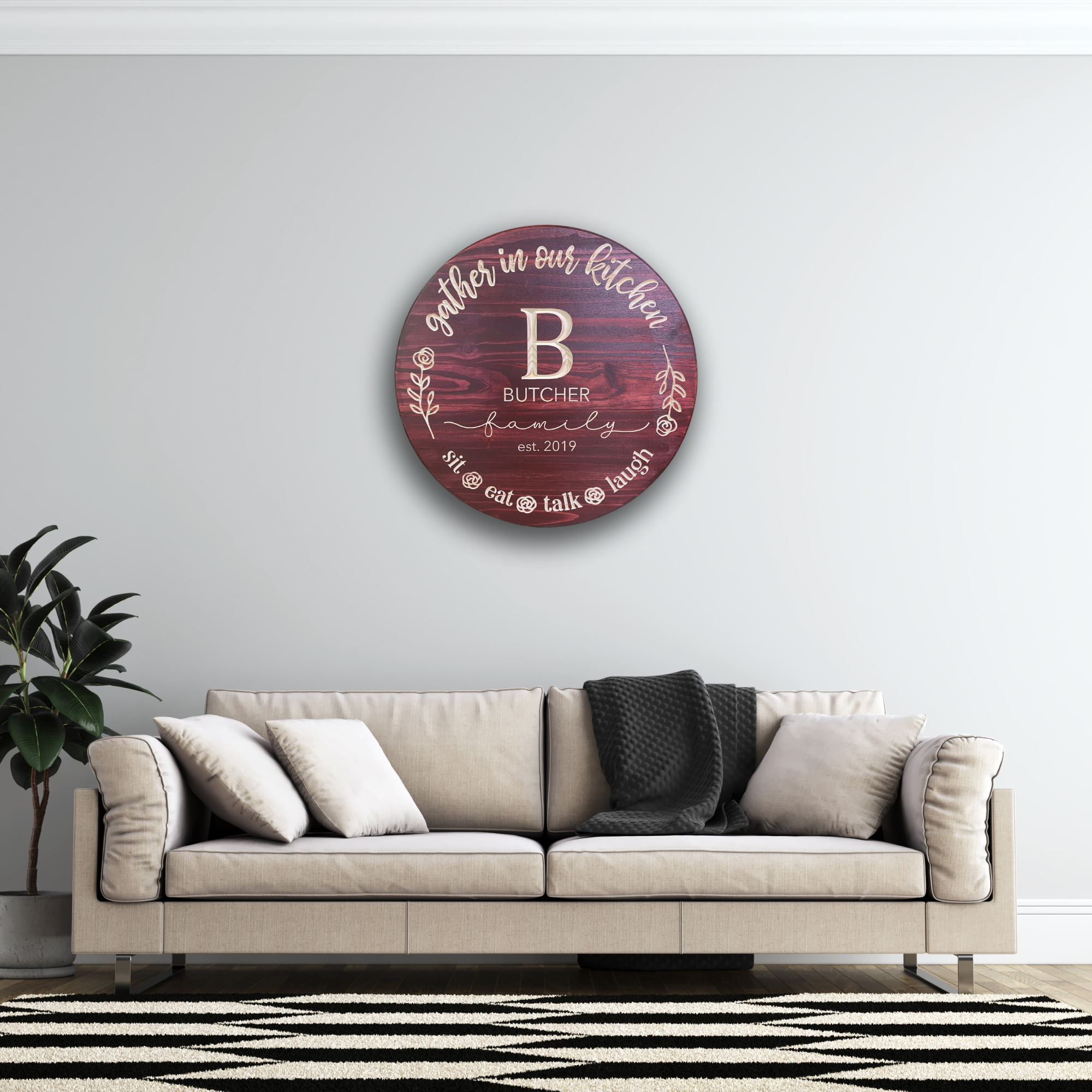 Family Name Sign - Gather in Our Kitchen Sign - Customized carved wooden sign for home decor or gift.