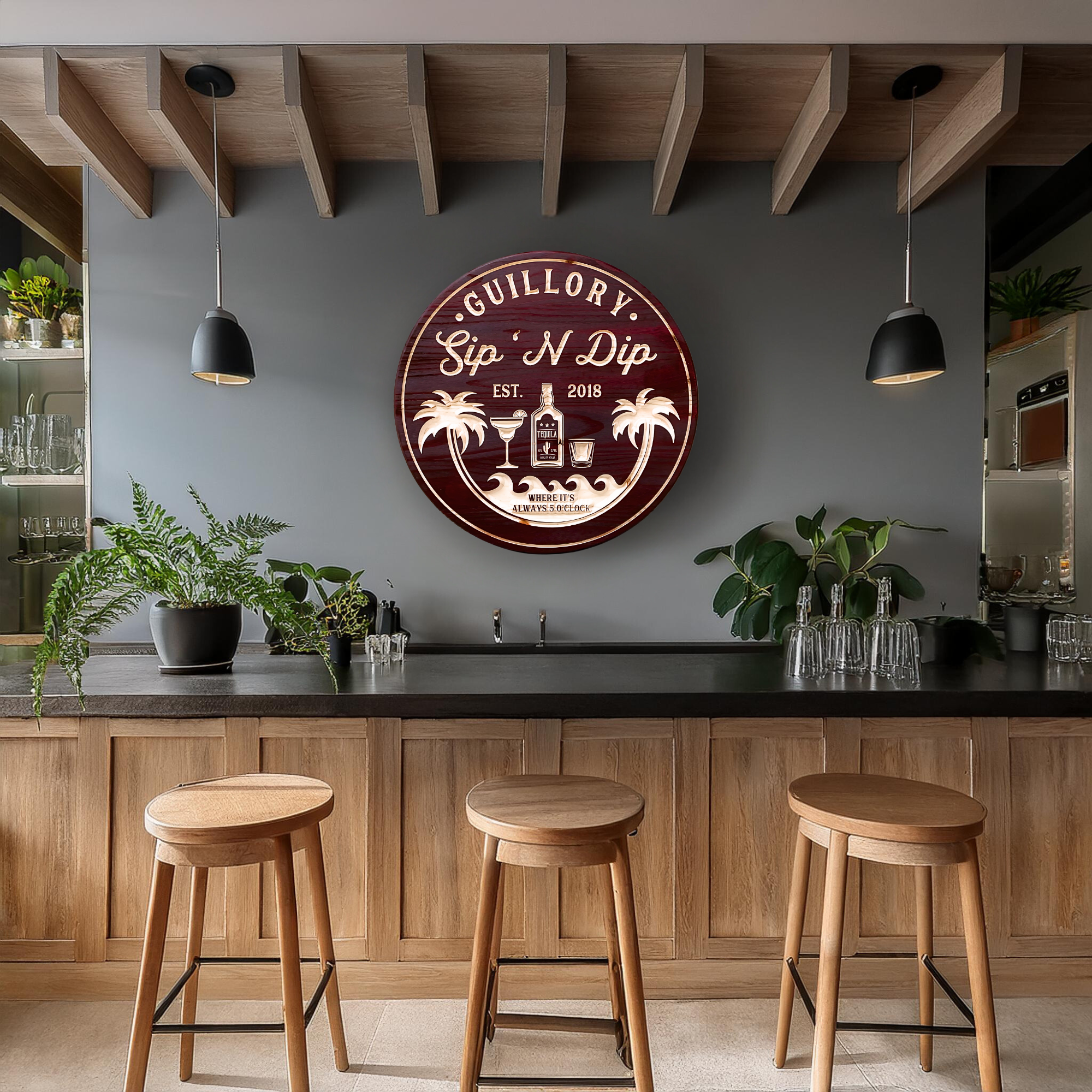 Tiki Bar Sign - Pool Bar Sign - Tiki Drinks & Palm Trees - Customized carved wooden sign for home decor or gift.