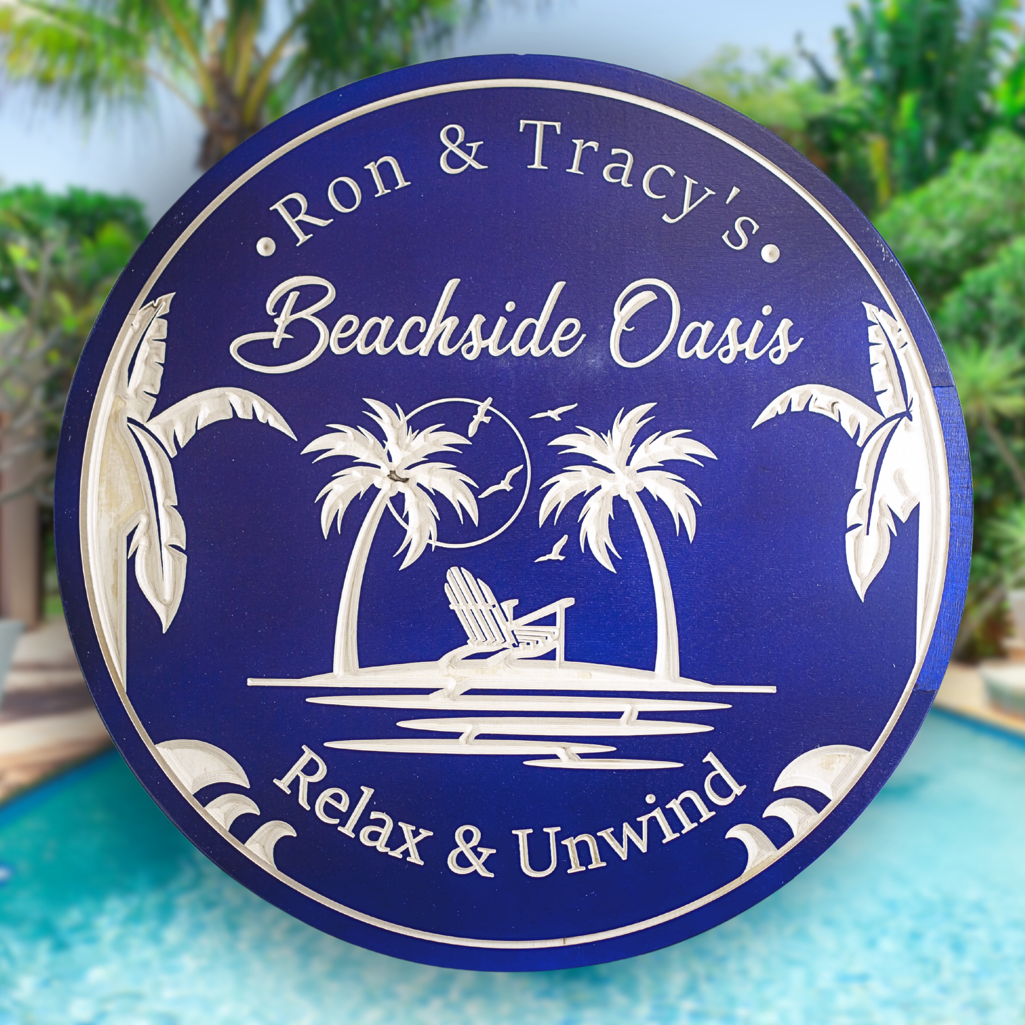 Palm Beach Sign - Beachside Oasis Sign - Pool Sign - Tiki Sign - Pams Trees Sign - Customized carved wooden sign for home decor or gift.