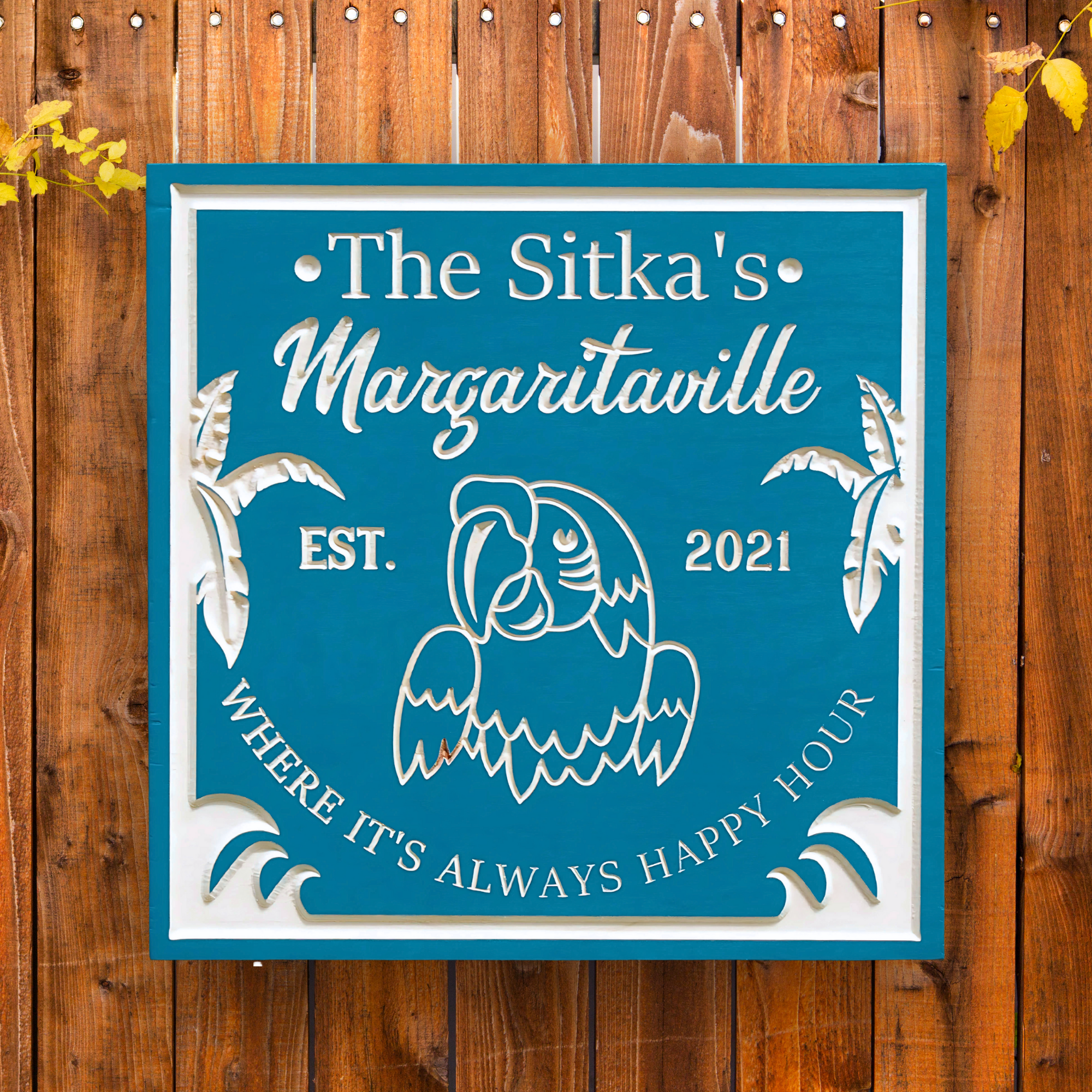 Parrot Margarita Sign - Pool Sign - Tiki Sign - Customized carved wooden sign for home decor or gift.
