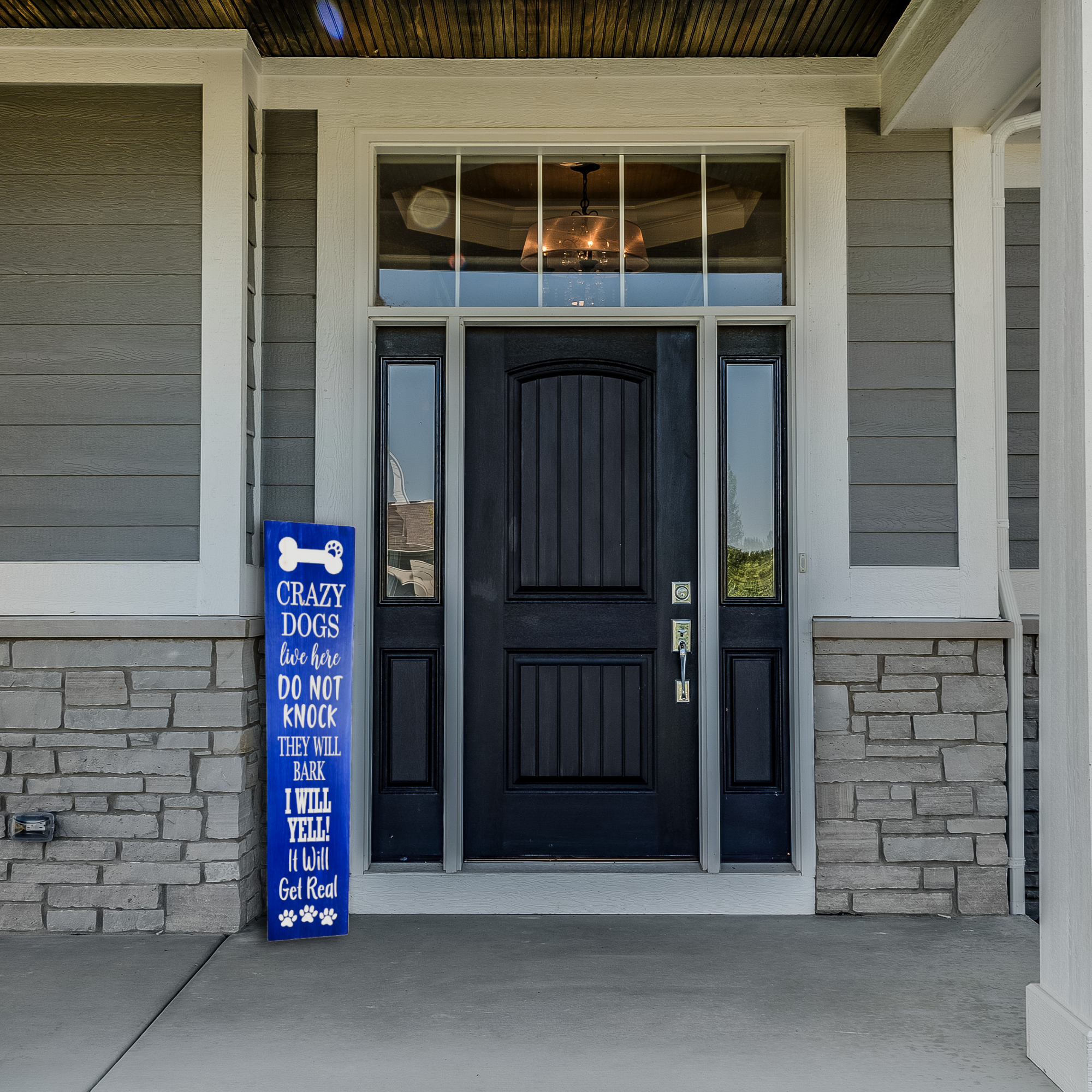 Front Porch Crazy Dogs Live Here Sign - Dog Decor - Customized carved wooden sign for home decor or gift.