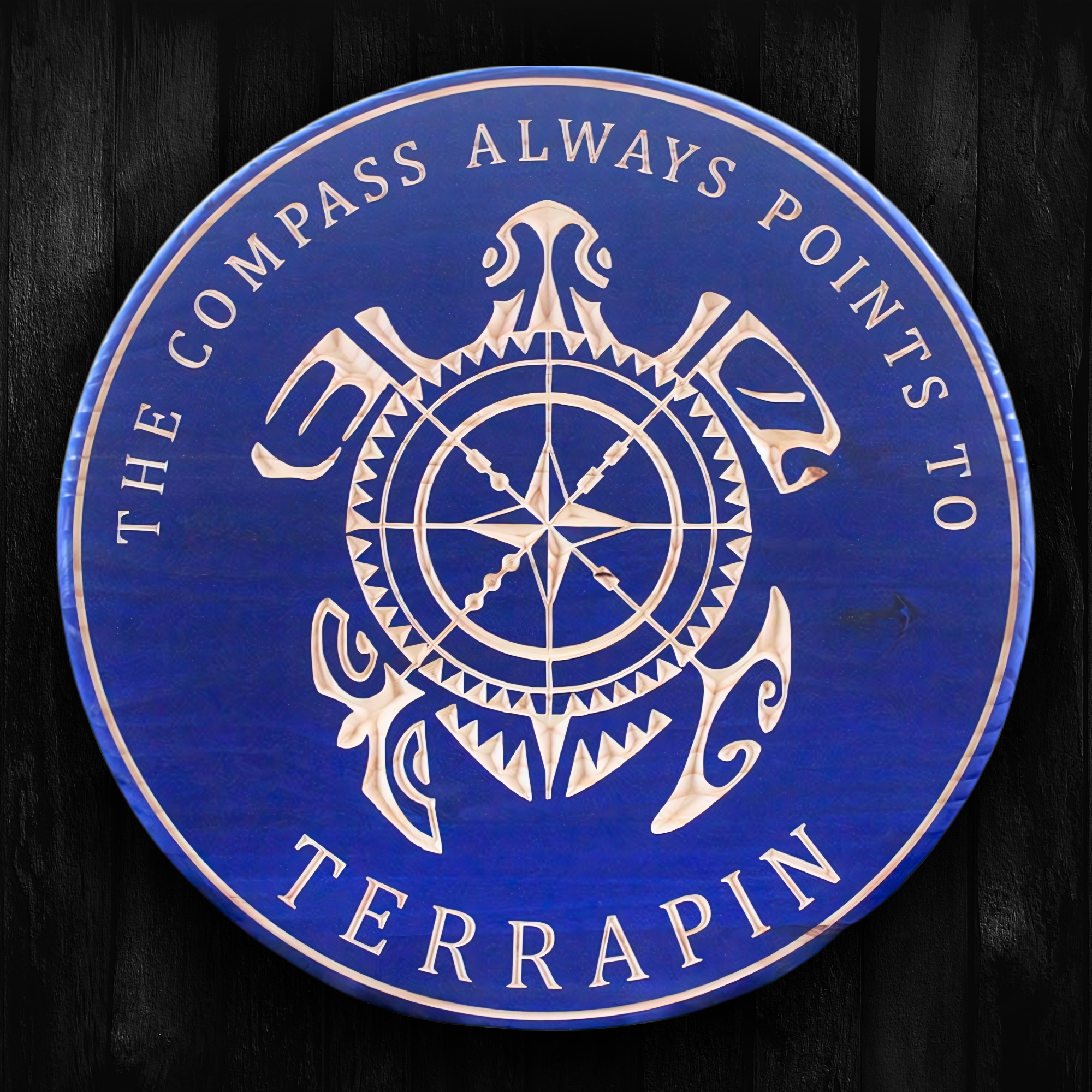 The Compass Always Points to Terrapin Sign - Customized carved wooden sign for home decor or gift.