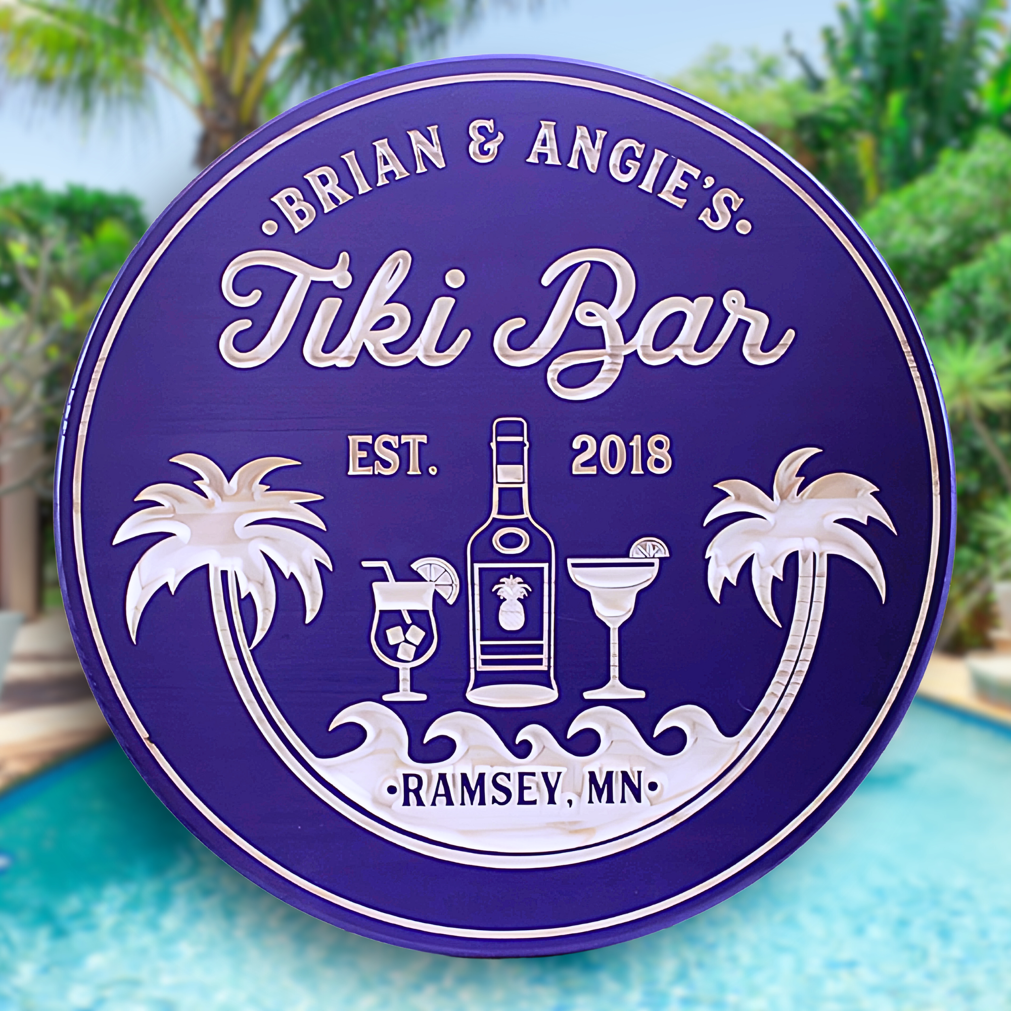 Tiki Bar Sign - Pool Bar Sign - Tiki Drinks & Palm Trees - Customized carved wooden sign for home decor or gift.