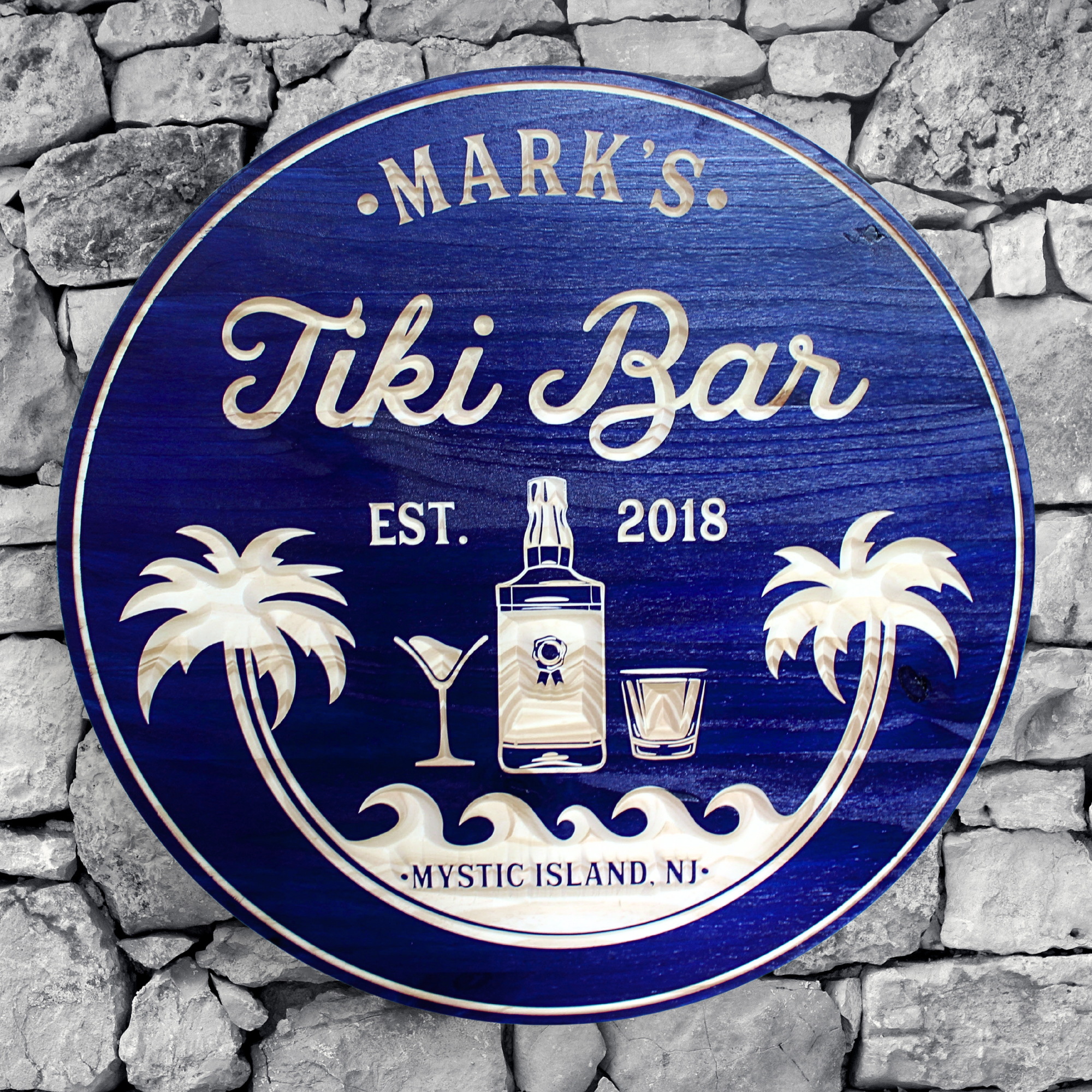 Tiki Bar Sign - Pool Bar Sign - Tiki Drinks & Palm Trees - Customized carved wooden sign for home decor or gift.