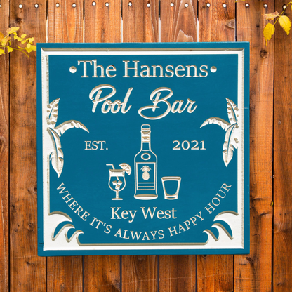 Tiki Bar Sign - Pool Bar Sign - Tiki Drink & Palm Trees - Customized carved wooden sign for home decor or gift.